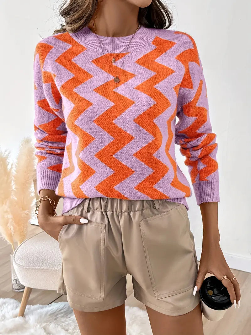 Trendiger Pullover mit Rundhalsausschnitt und Chevron-Muster