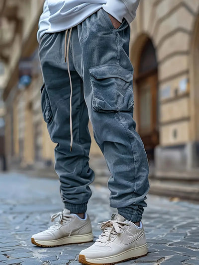 Corduroy Cargo Pants mit Taschen – Mid Waist, Drawstring, Leicht Stretch,