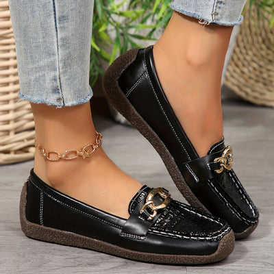 Damen Slipper Schwarz Schlangenmuster mit Goldschnalle, Bequem & Rutschfest