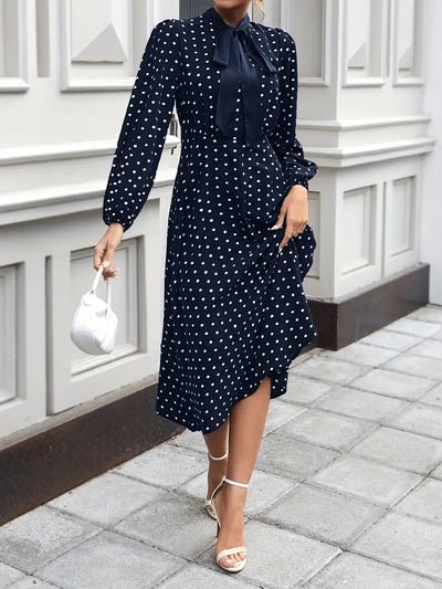 A-Linie Laternenärmel Vielseitiges Polka-Dot Kleid mit Krawattenausschnitt