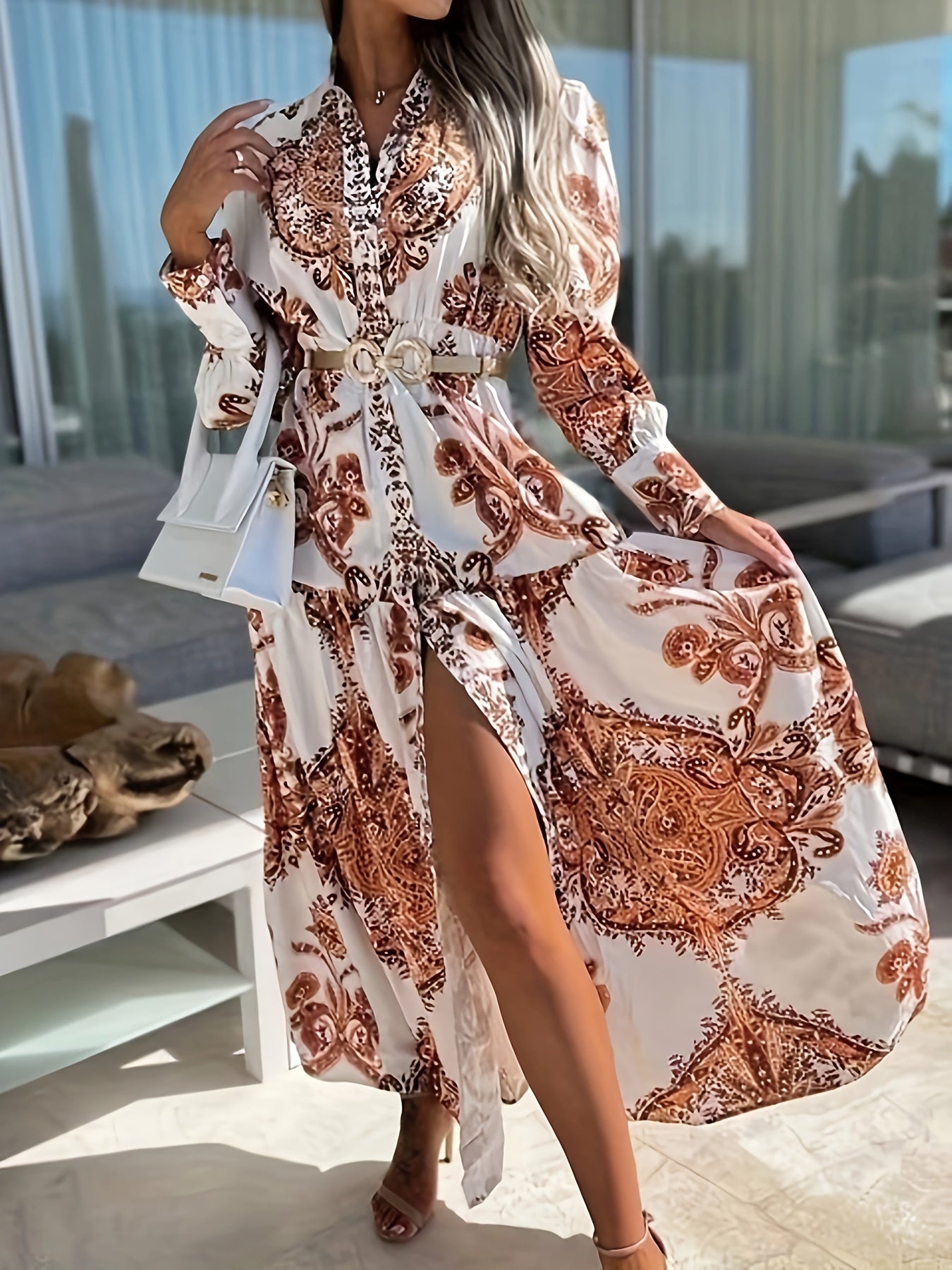 Boho Maxikleid mit V-Ausschnitt & Laternenärmeln, Pop-Druck