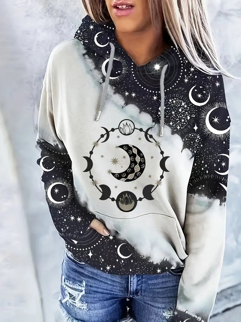 Schicker kosmischer Kapuzenpullover mit Farbblock und Mond