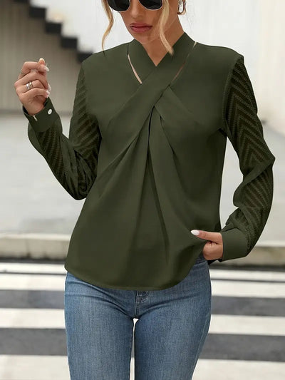 Damen Crossover Bluse – Lässig, Polyester, Langarm, Armeegrün