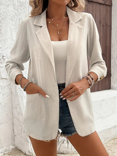 Blazer aus Leinen Offene Front, Langarm, Bürotauglich, Beige