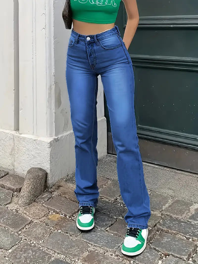 Gerade Jeans mit hoher Taille und heller Waschung