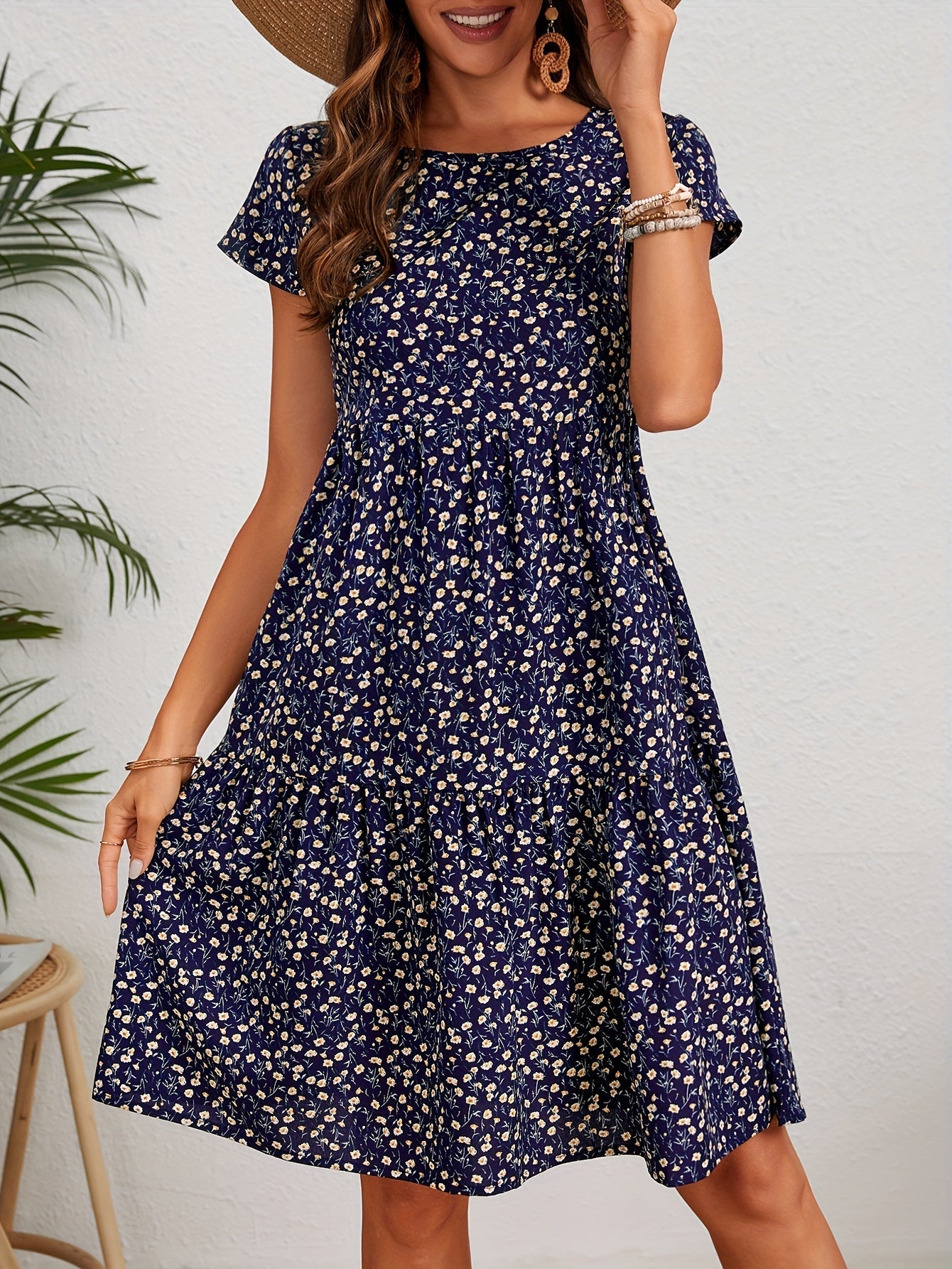 Blumenkleid Damen Weinlese Kurzarm Sommerkleid mit Rundhalsausschnitt