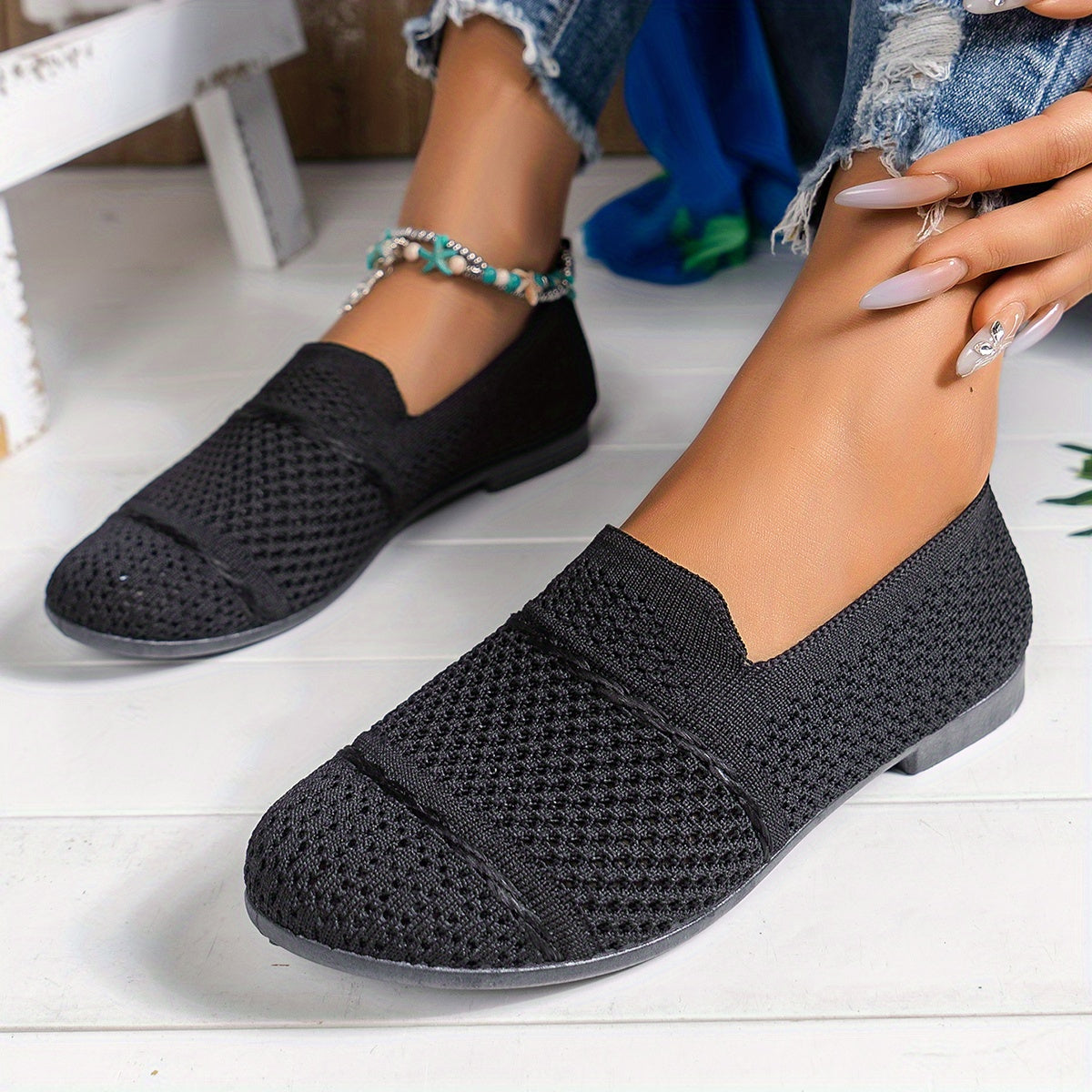 Atmungsaktive Strick Slip-On Loafers, Bequeme Flats für den Alltag