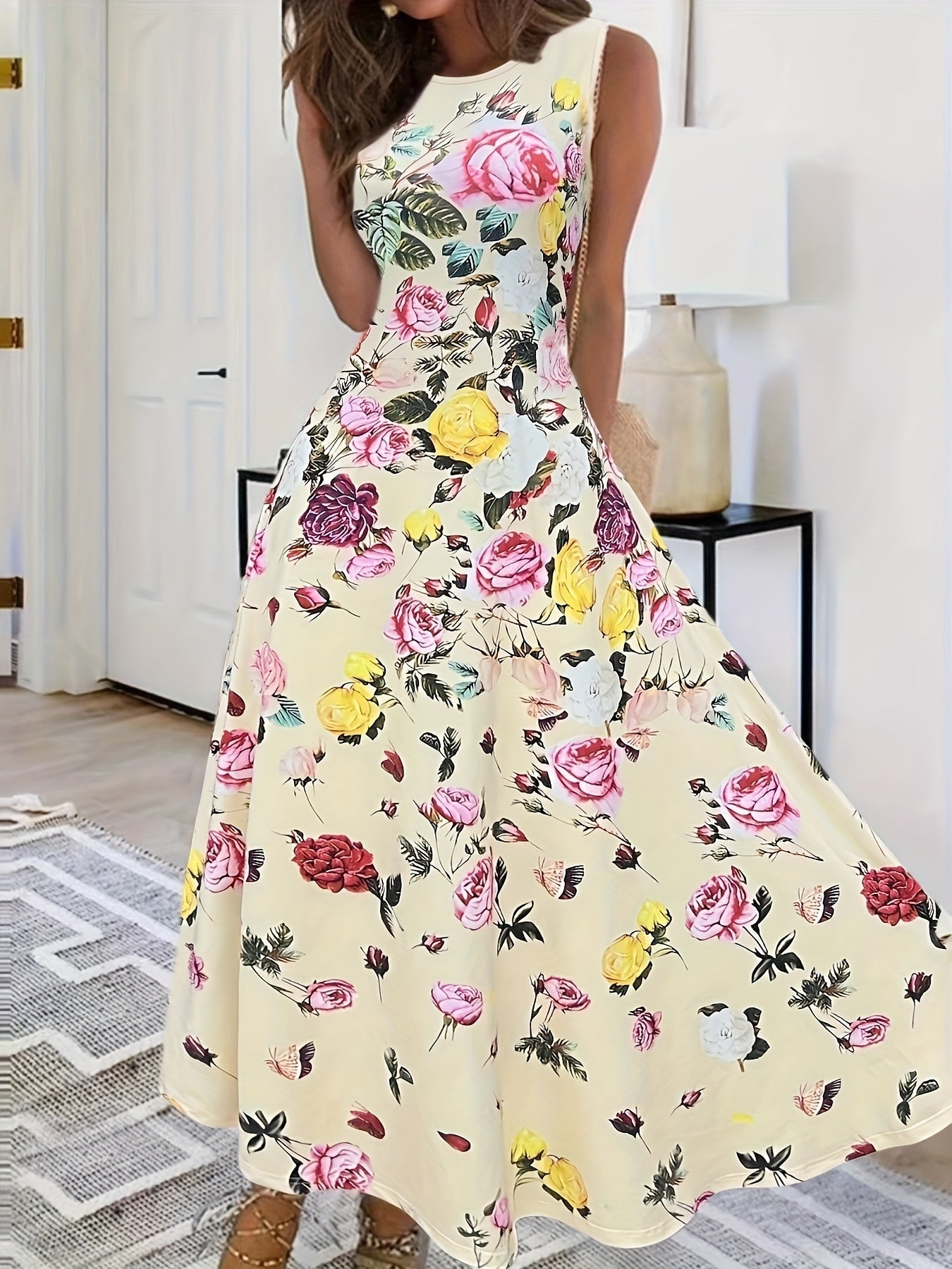 Ärmelloses Blumenmuster-Kleid – Luftig, Dehnbar & Elegant – Rundhalsausschnitt