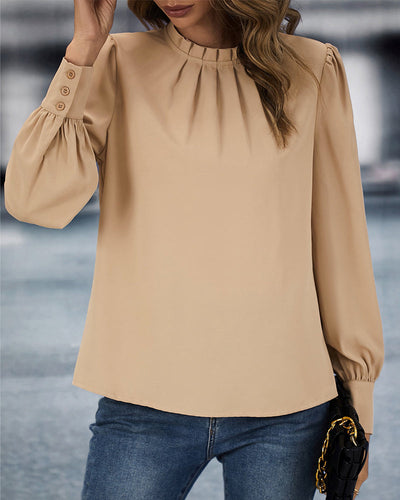 Celeste - Beige Bluse mit hohem Halsausschnitt und Langarm