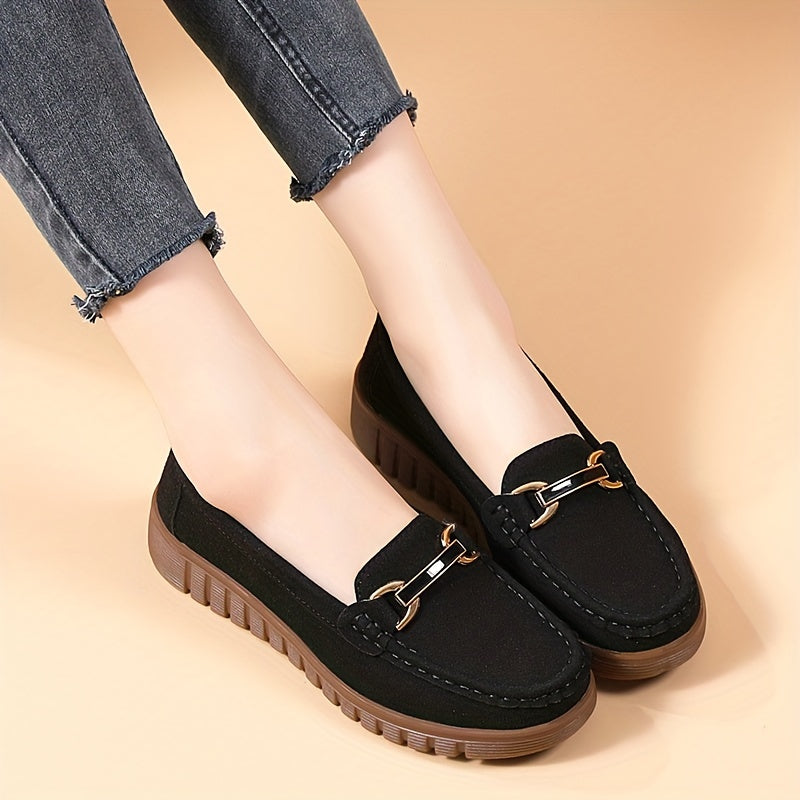 Damen Loafer mit Metallbuckle, Lässige Slip-On Flats in Uni-Farben