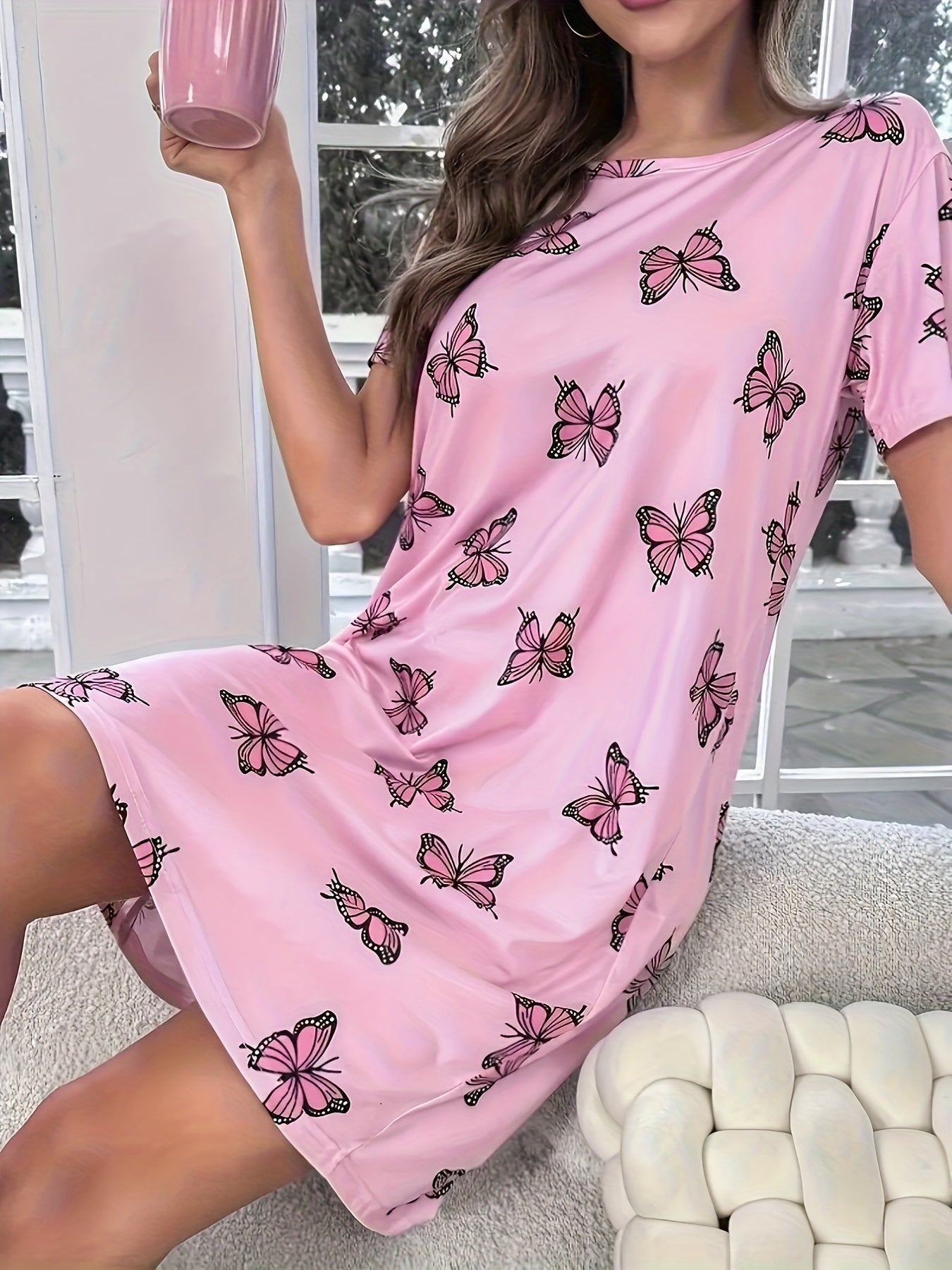 Schmetterling Kleid Damen Sommer Kurzarm Freizeitkleid Rundhals