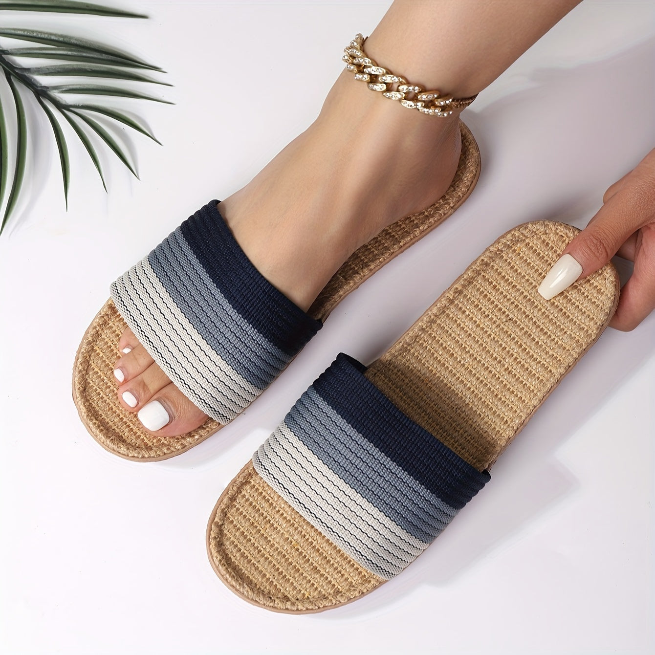 Damen Sommer-Slippers – Leichte, Rutschfeste Hausschuhe mit Colorblock-Streifen