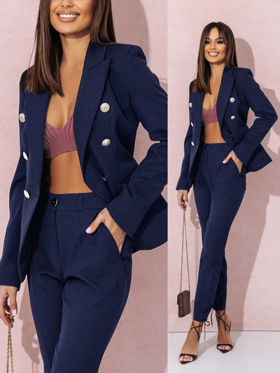 Einfarbiges Damen Blazer und Hosen Set mit Kragen und Gürtel