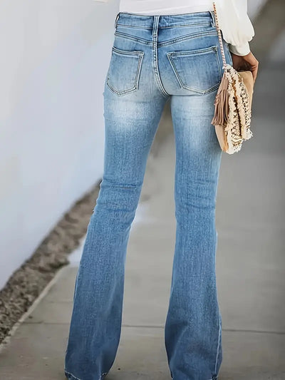 Schnurrbart-Hölle verwaschene blaue Retro-Schlaghosen Bootcut Jeans