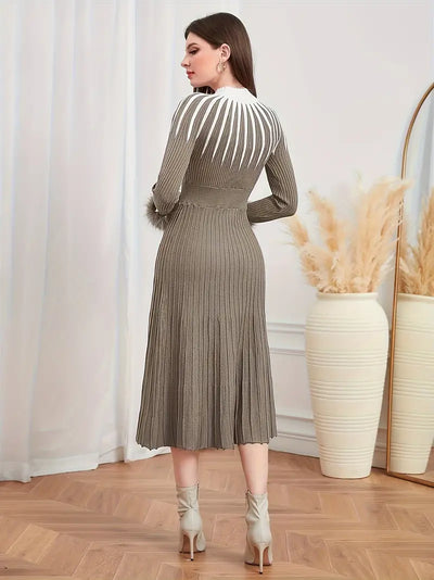 Hoch Tailliert Elegantes Langarm Strickkleid für Damen