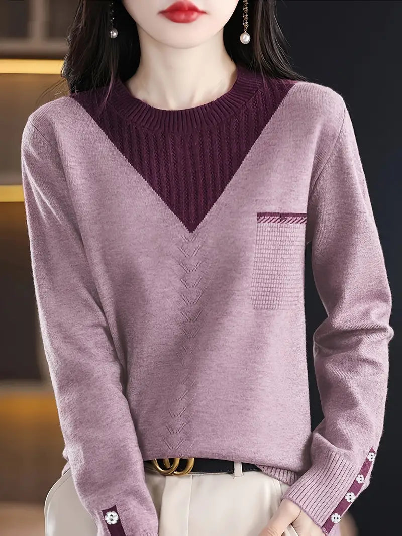 Eleganter Farbblock-Strickpullover für Frauen - Rundhalsausschnitt, lange Ärmel