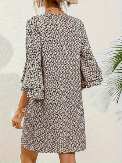 Allover Print V-Ausschnitt Lässiges Kleid mit 3/4 Ärmeln