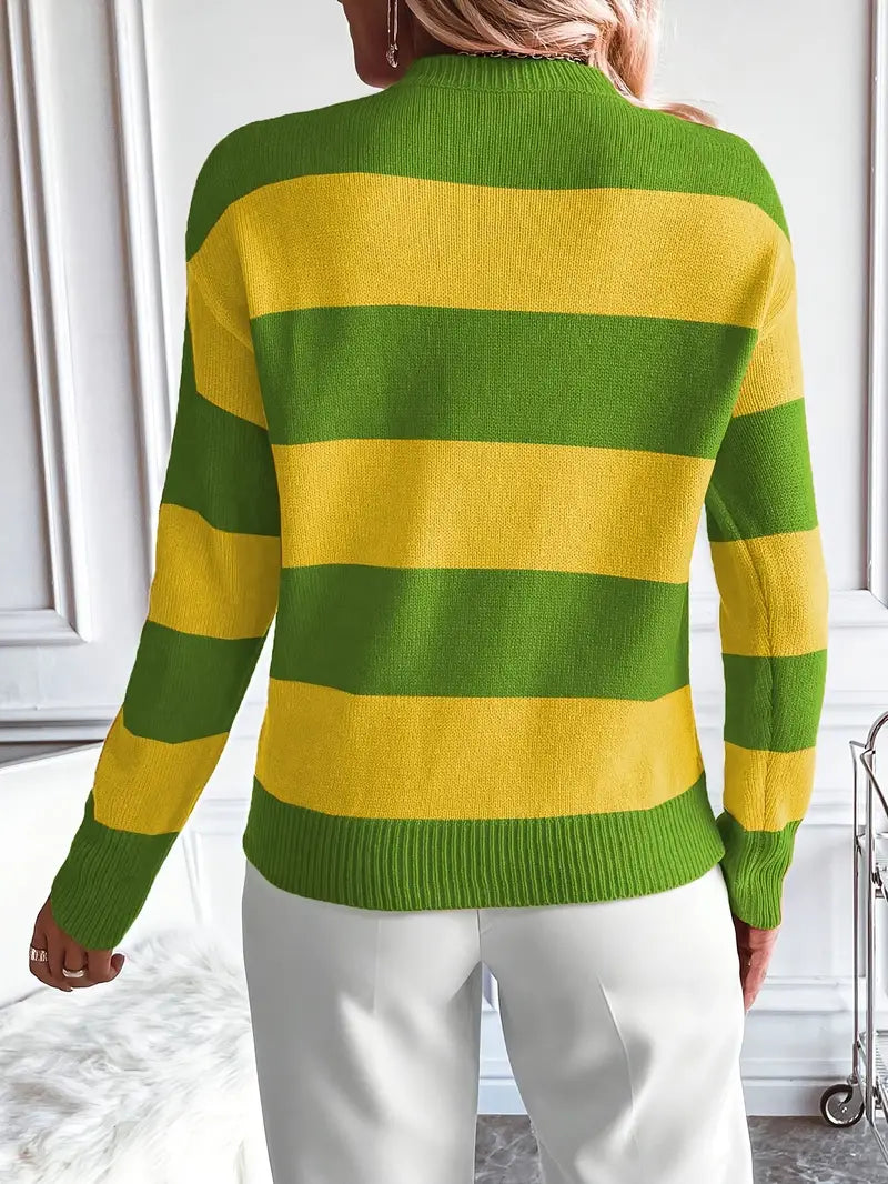 Stripe Color Block Sweater, Lässiger Langarmpullover mit Rundhalsausschnitt