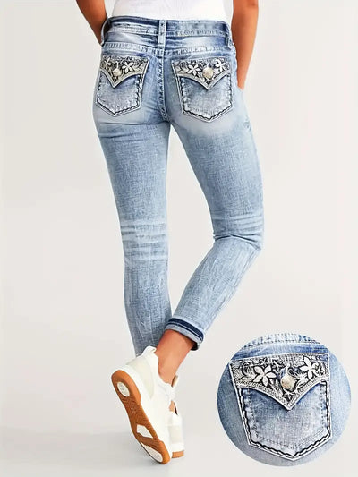 Damen-High-Waist-Skinny-Jeans mit Stickerei