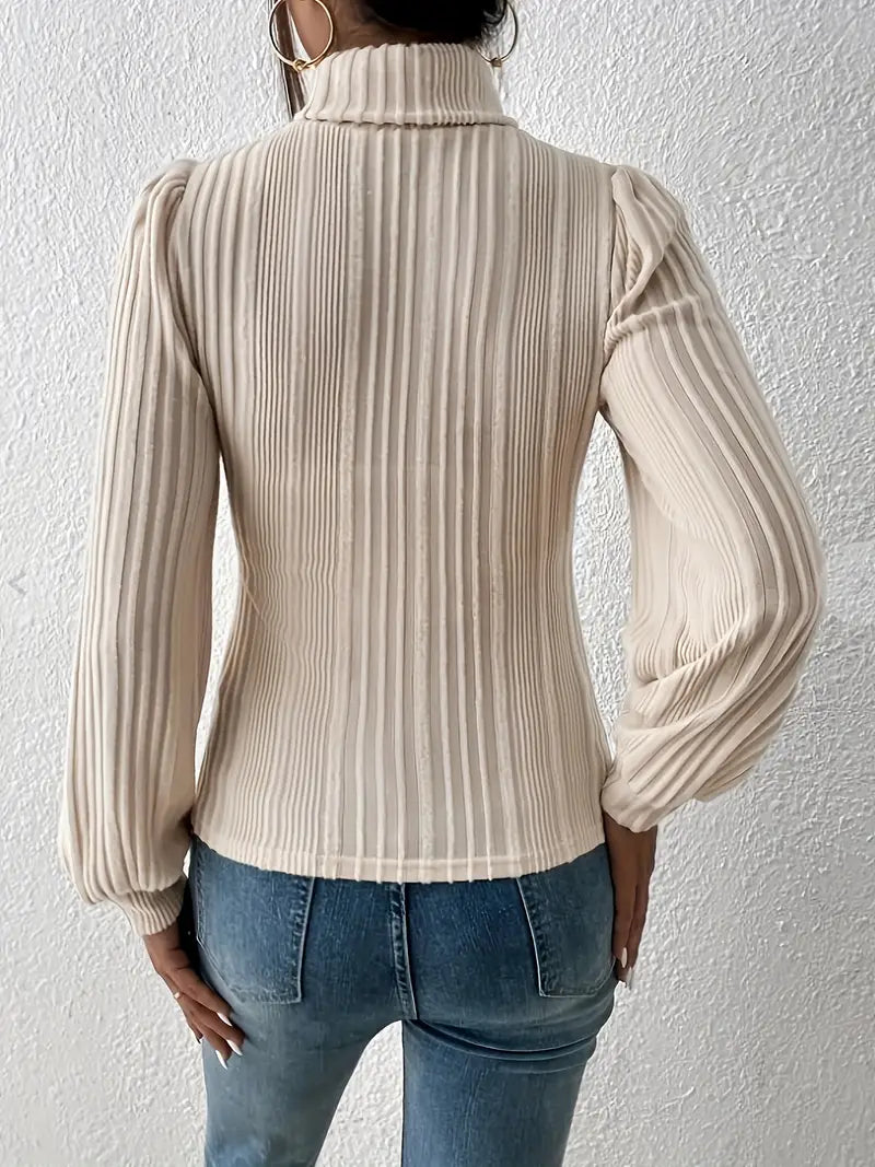 Ribbed Turtleneck Pullover – Langarm, Unifarben, Casual, Polyester