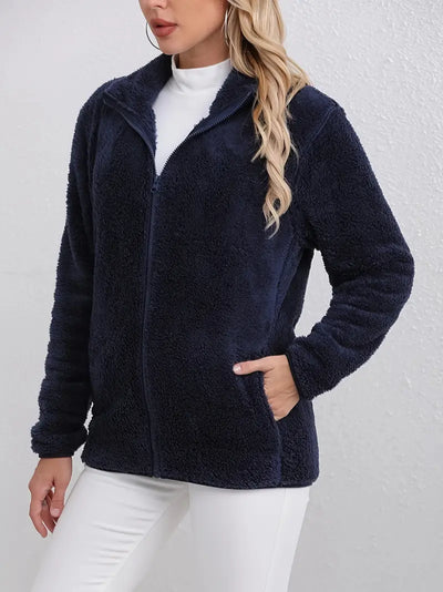 Winter Women's Thickened Comfort Fleece Marineblau Casual Zip-Up Jacke