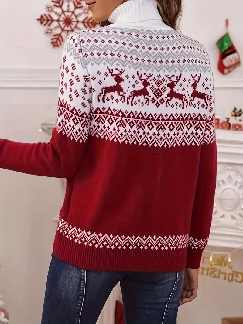 Pullover mit Hirschmotiv, lässiger Rollkragenpullover mit langen Ärmeln