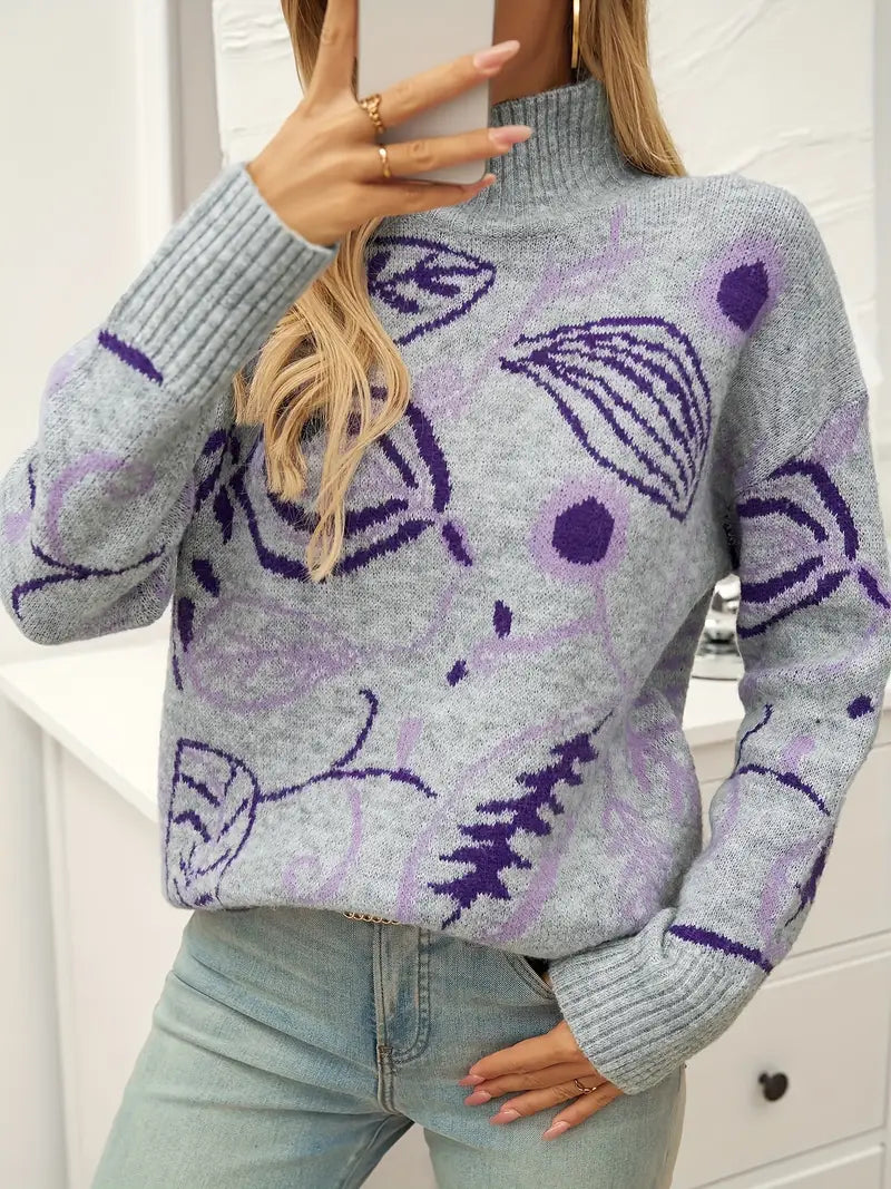 Rollkragenpullover mit Blättermuster, lässiger Langarmpullover