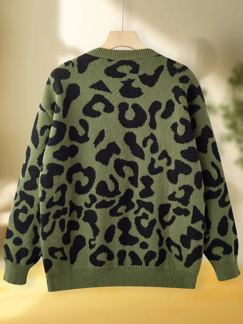 Chic Leopardenmuster Plus Size Pullover – Casual Crew Neck