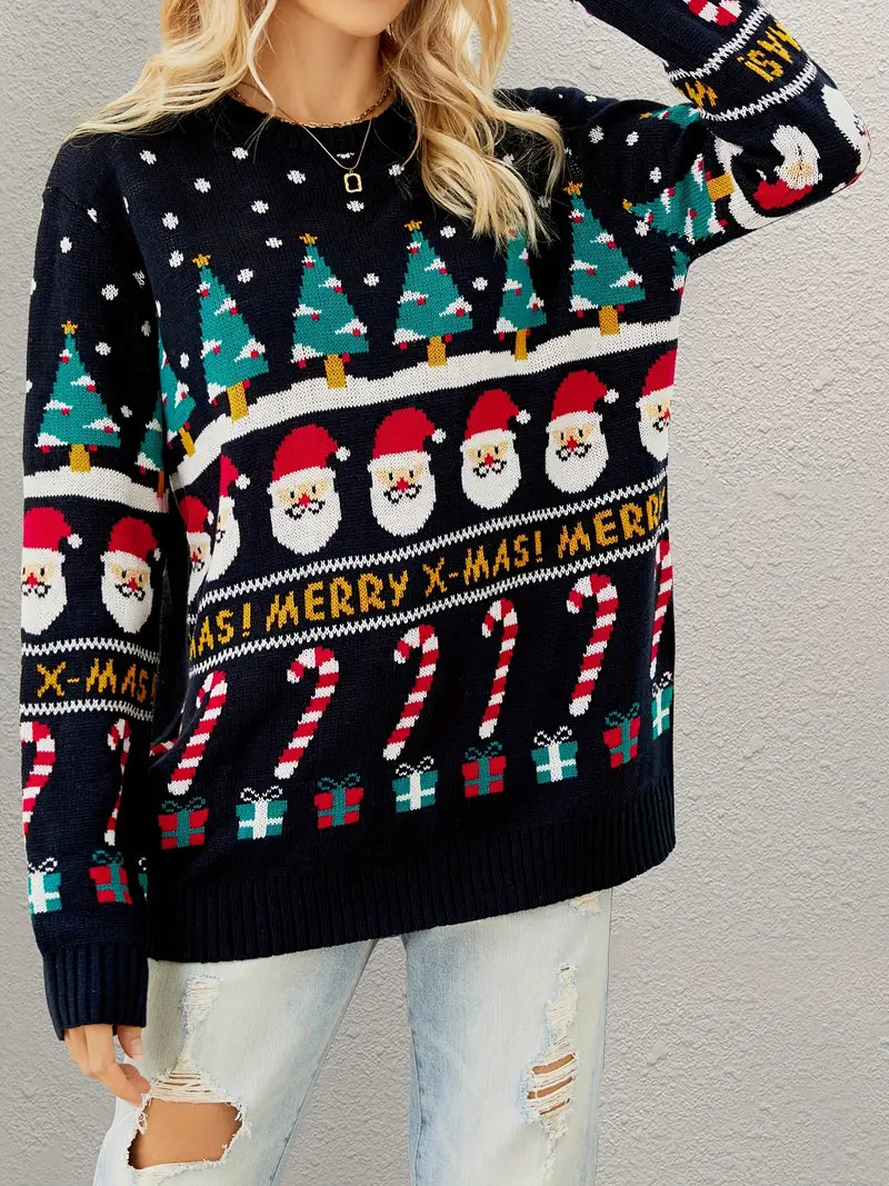 Weihnachten Muster Rundhalsausschnitt Pullover Pullover, niedlich lange Ärmel