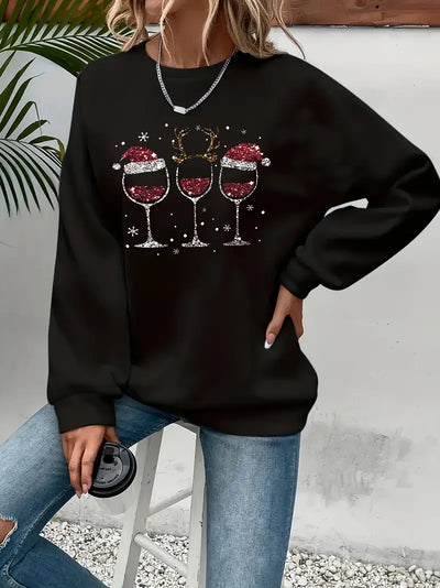 Festliche Weihnachten Weinglas & Santa Hut drucken Sweatshirt für Frauen