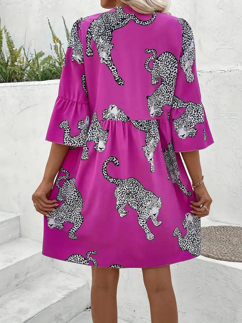 Leopardenmuster-Kleid mit Knopfleist