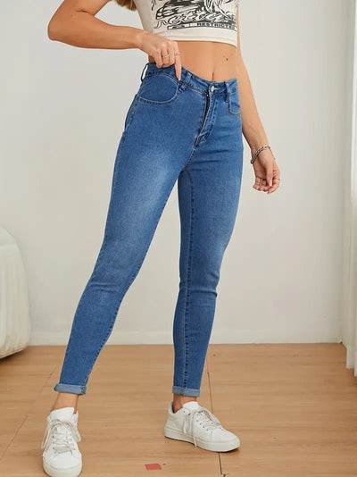 Hochgeschnittene einfarbige Skinny Jeans