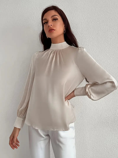 Damen Satinbluse – High-Neck mit Puffärmeln aus Polyester