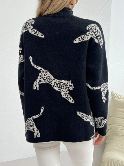 Leopardenmuster Mock Neck Pullover, Eleganter Langarmpullover