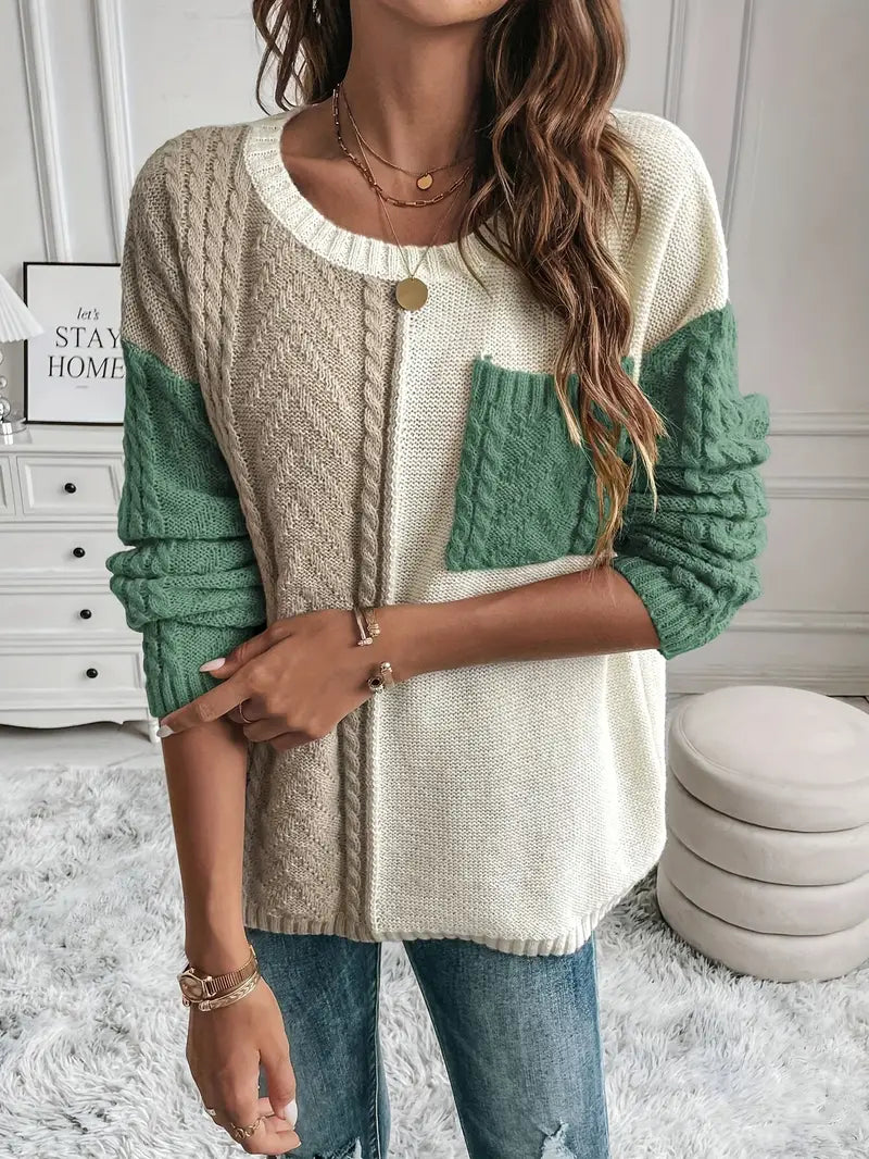 Stylischer trendiger Color Block Cable Knit Pullover