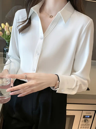 Satin Bluse Langarm – Elegante Knopfleistenbluse für Büro &amp; Freizeit