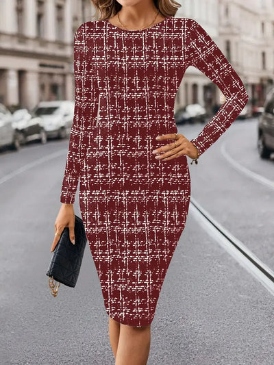 Kariertes Langarmkleid Damen – Knie-Länge, Rundhals, Winter