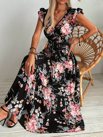 Schwarzes Blumenprint-Kleid mit Gürtel Elegantes Sommerkleid