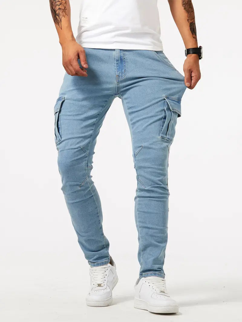 Slim Fit Multi-Taschen Jeans für Herren – Hochstretch Denim-Cargo-Hose