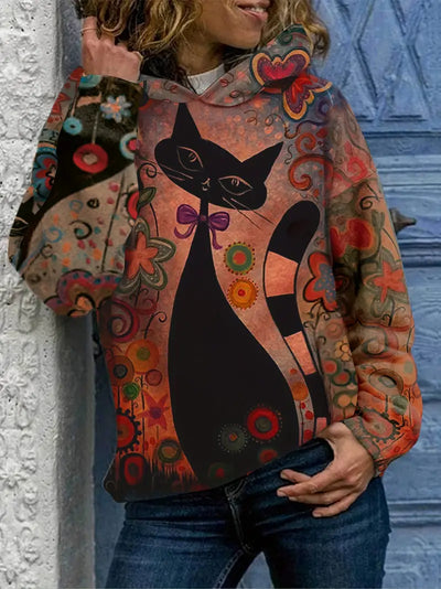 Feline Fun Hoodie Verspielter Katzen-Print Überschnittene Schultern Pullover