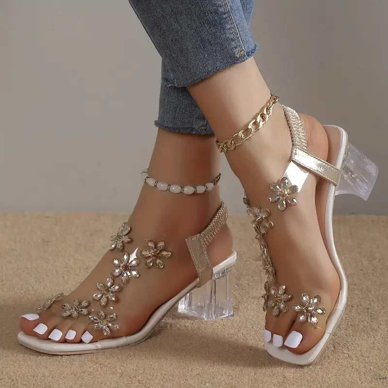 Blumen-Strass Blockabsatz Sandalen Offene Zehen Elastischer Riemen