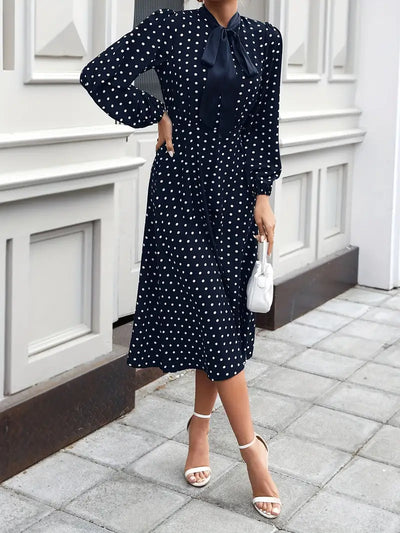 A-Linie Laternenärmel Vielseitiges Polka-Dot Kleid mit Krawattenausschnitt