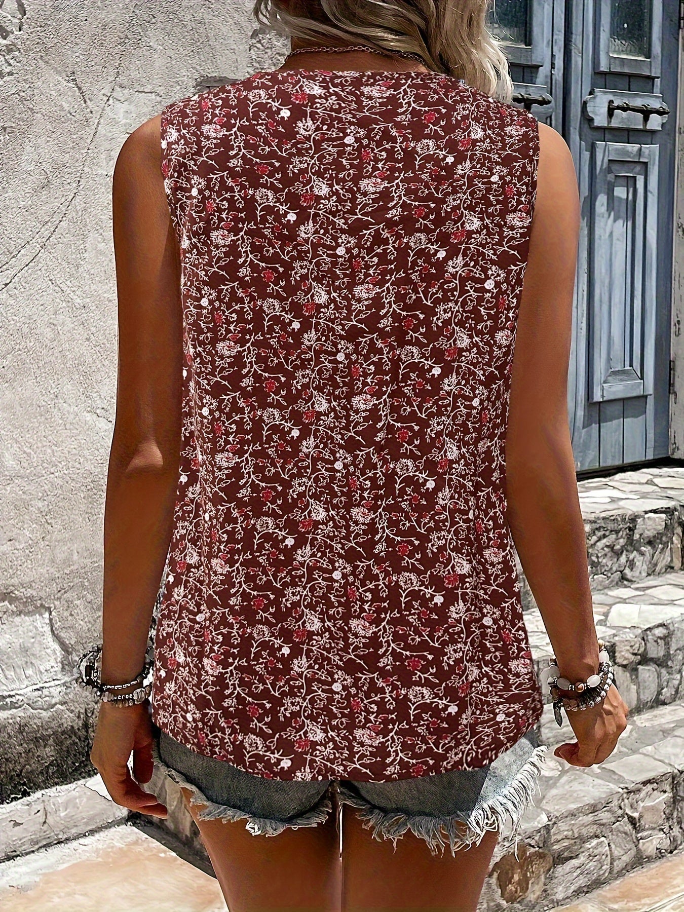 Blumenmuster Tanktop – Sommer V-Ausschnitt ärmellos Freizeit-Top