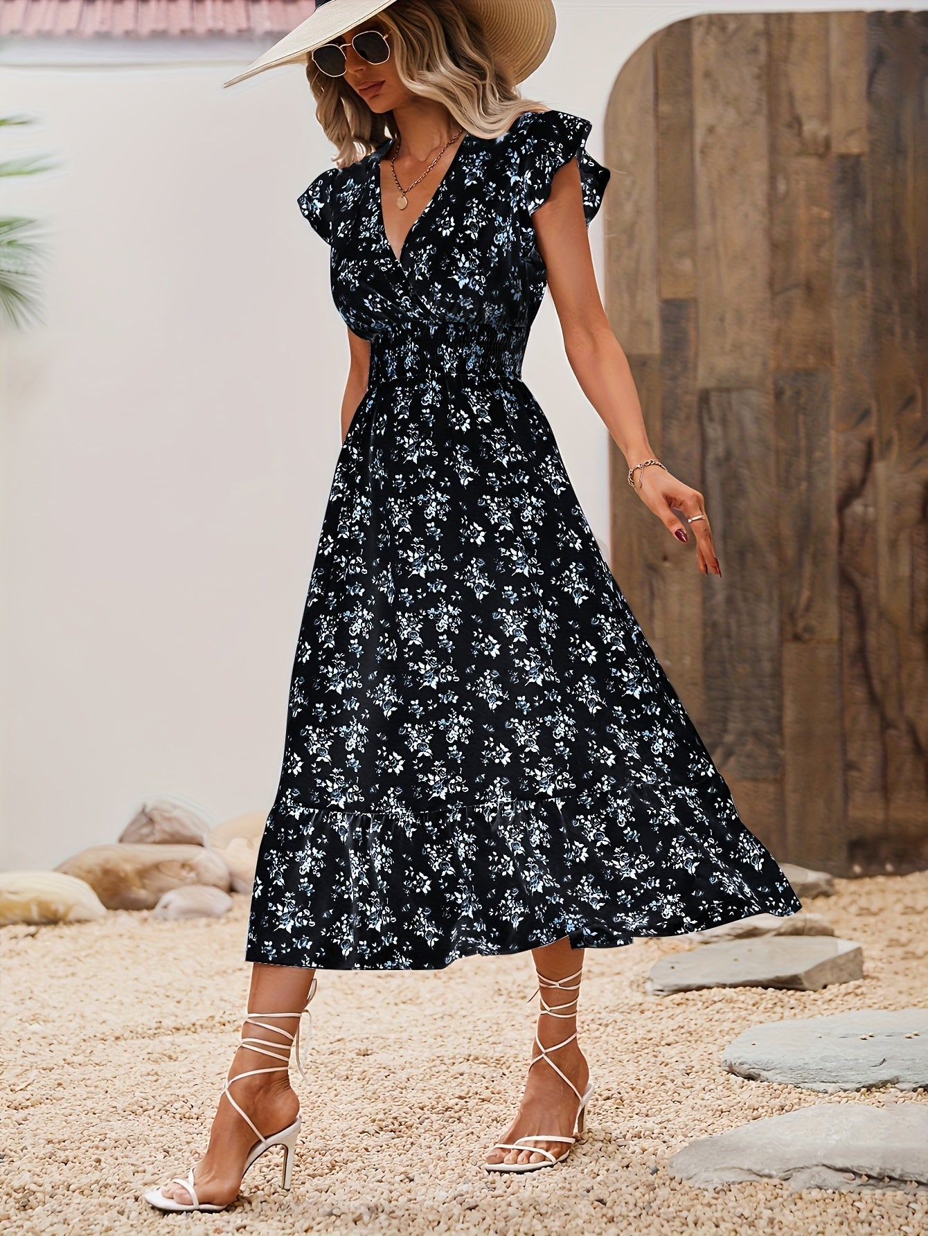 Geblümte Maxi Kleid Damen Elegant Rüschen Wickeloptik Sommer