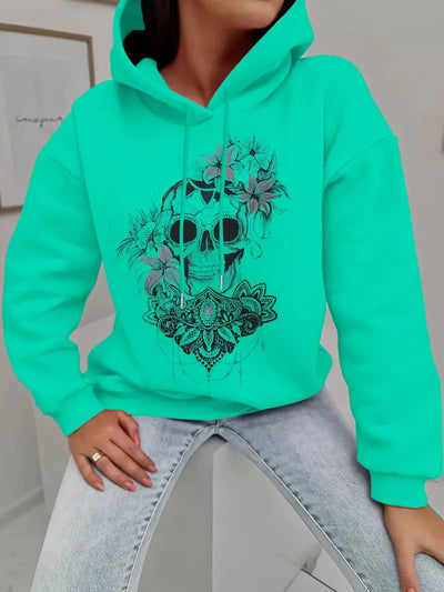 Boho Chic Blumen Totenkopf Hoodie Entspannt Überschnittene Schultern