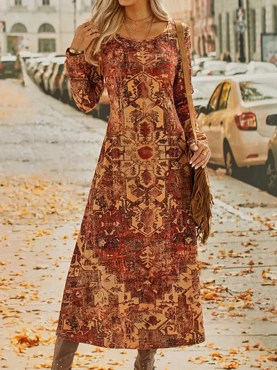 Bohemian Langarm Kleid, Rundhalsausschnitt Maxi Kleid für Herbst & Winter