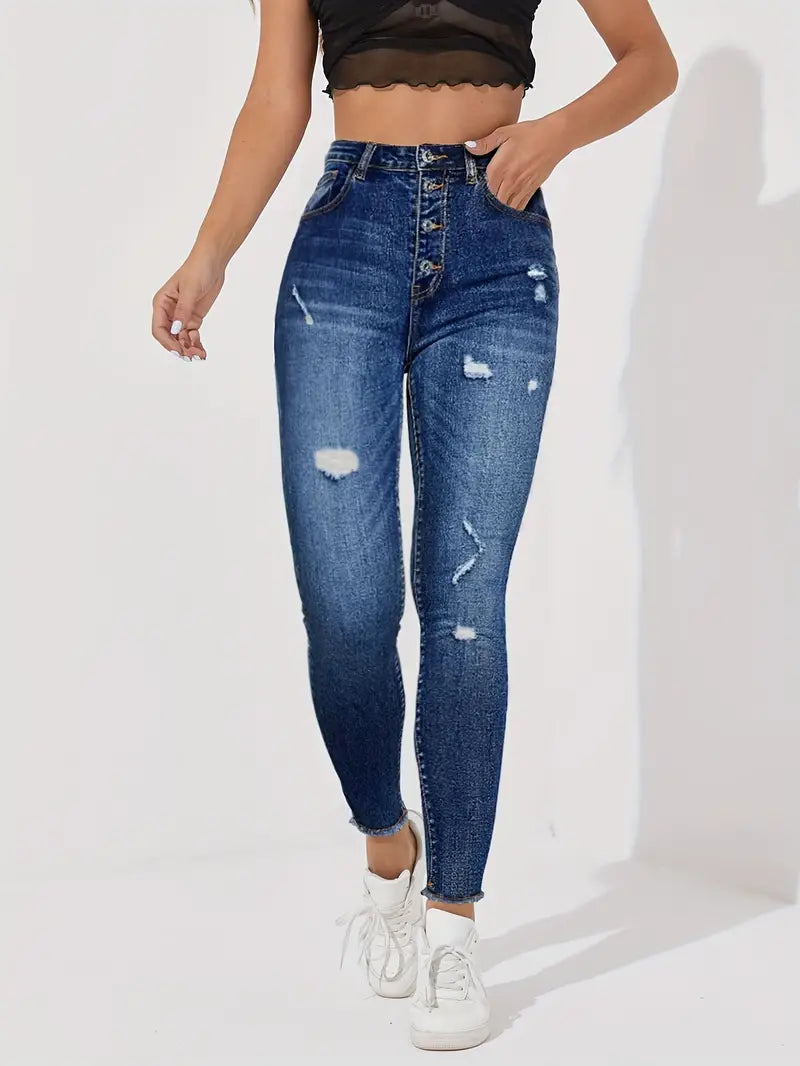 Damen Stretchy Ripped Single-breasted Skinny Jeans