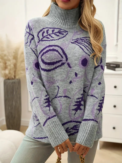 Rollkragenpullover mit Blättermuster, lässiger Langarmpullover