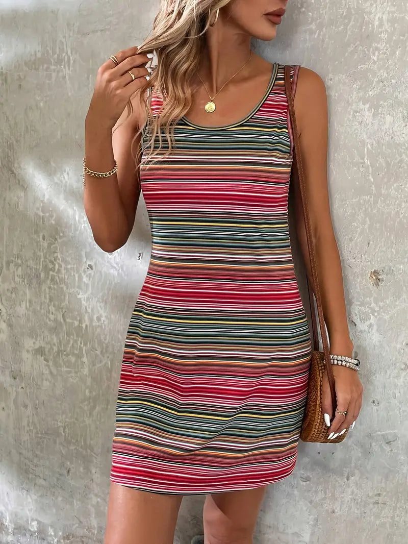 Bunt gestreiftes, rückenfreies Tank-Kleid