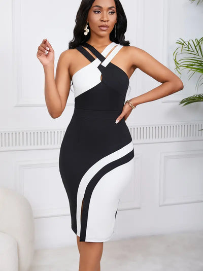 Colorblock Bodycon-Kleid mit geteiltem Kreuzschlitz